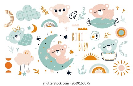 A set of bears and decorative elements in the boho baby style. Vector illustration for children's room