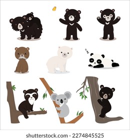 set of bears in different poses colored flat vector illustration isolated. sloth bear, asiatic black bear, malayan sun bear, grizzly, polar, panda, spectacled, koala and american black bear