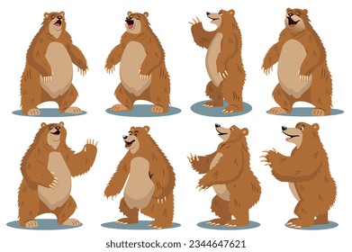 Set of bears in the flat cartoon style. A captivating set of wild bear illustrations with a unique and artistic design and forest atmosphere. Vector illustration.