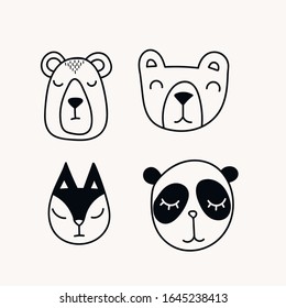 
Juego de osos, zorro al estilo escandinavo. Ilustración vectorial. Animales del bosque. Adecuado para imprenta, textiles, etc.