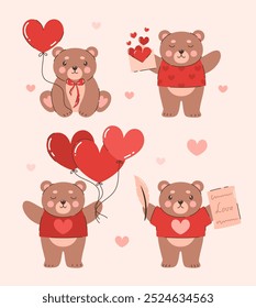 Conjunto de osos con corazones. Imágenes para San Valentín. Ilustración vectorial plana.