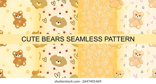 set of bears and hearts seamless patterns , fabric pattern  , gift wrapping paper