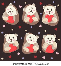 Set of bears with red heart vector illustration, icon. Cute teddy beige and pink color. Romantic mood, love, Valentine's day.