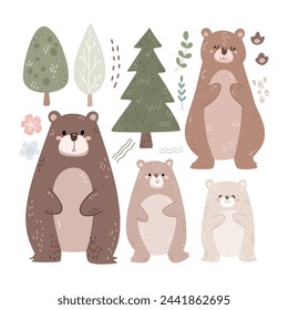 Set of Bears and Tree Doodle Clipart