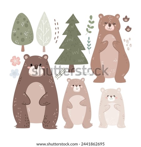 Set of Bears and Tree Doodle Clipart