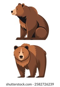 Set of Bears Wild Brown Bear Icons Standing, Sitting, Walking