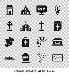 Set Beat dead in monitor, Coffin with cross, Calendar death, Speech bubble rip, Church building, Grave, Old crypt and  icon. Vector