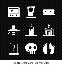 Set Beat Dead In Monitor, Grave With Tombstone, Coffin, Skull, Dead Body, Coffin And Burning Candle Icon. Vector