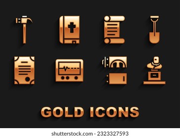 Set Beat dead in monitor, Shovel, Grave with tombstone, Crematorium, Death certificate, Decree, parchment, scroll, Hammer and Holy bible book icon. Vector