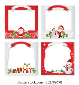 Set Of A Beatiful Christmas Photo Frame, Border Design Element & Decoration Card Red & White For New Year,