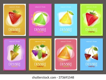 Set of beautiful a4 flyer and poster with triangular style fruit and berries fresh and natural dessert menu template