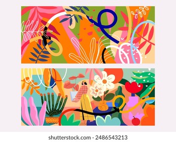 Set of beautiful abstract flowers and plants, geometric, doodle, line art colorful hand drawn vector illustration. floral and nature background.