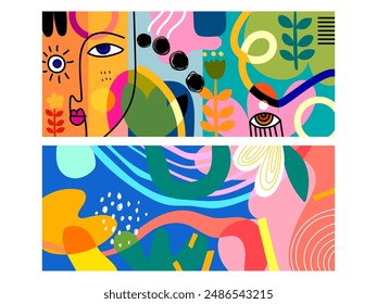 Set of beautiful abstract flowers and plants, geometric, doodle, line art colorful hand drawn vector illustration. floral and nature background.