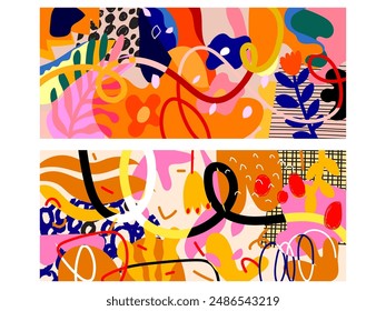 Set of beautiful abstract flowers and plants, geometric, doodle, line art colorful hand drawn vector illustration. floral and nature background.