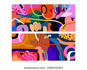Set of beautiful abstract flowers and plants, geometric, doodle, line art colorful hand drawn vector illustration. floral and nature background.