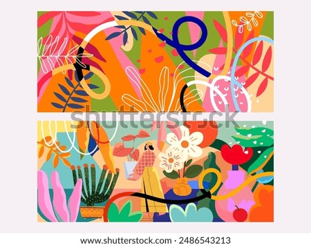 Set of beautiful abstract flowers and plants, geometric, doodle, line art colorful hand drawn vector illustration. floral and nature background.