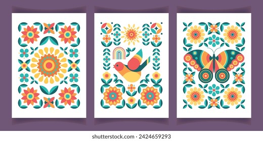 Set of beautiful abstract geometric backgrounds with butterfliy, bird and flowers. Spring or summer decorative floral card in  scandinavian style. Poster, invitation, gift card, label, packaging 