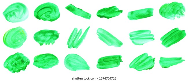 Set beautiful abstract green watercolor art hand paint on white background,brush textures for logo.There is a place for text.Perfect stroke design for headline.luxury boutique Illustrations.