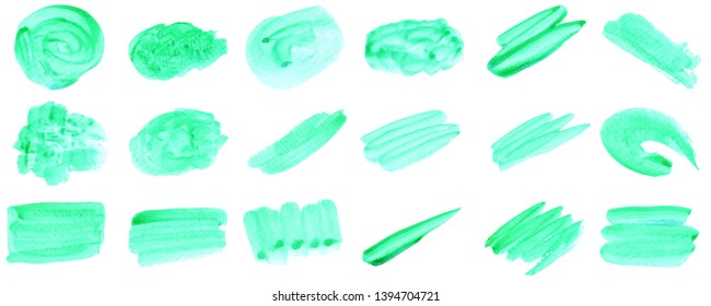 Set beautiful abstract green watercolor art hand paint on white background,brush textures for logo.There is a place for text.Perfect stroke design for headline.luxury boutique Illustrations.