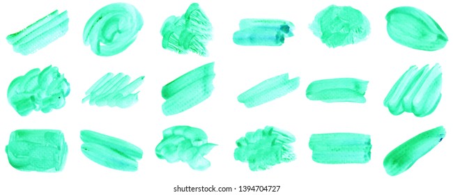 Set beautiful abstract green watercolor art hand paint on white background,brush textures for logo.There is a place for text.Perfect stroke design for headline.luxury boutique Illustrations.