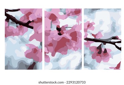 Set of beautiful abstract paintings, posters with the theme of sakura bloom flower. Suitable for postcard, poster, book cover, wallpaper. Vector image