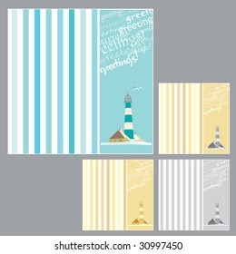 set of beautiful abstract romantic summer greeting card design with lighthouse and seagulls | vector