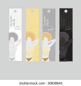set of beautiful abstract summer promotion coupon design with beautiful girl and seagulls | vector