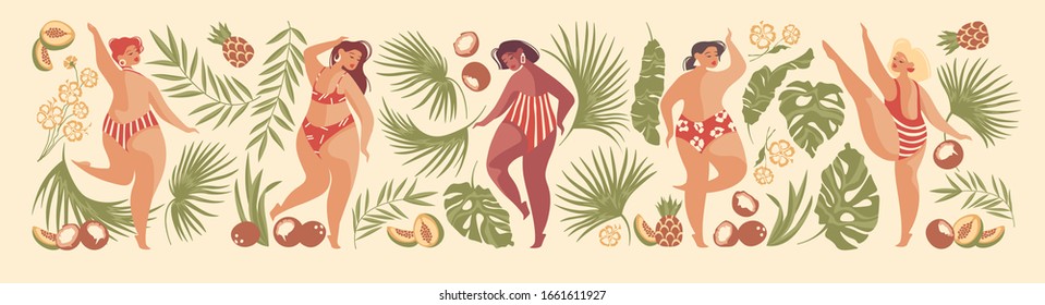 Set. Beautiful adult curved girls. Healthy lifestyle. Group of women - caucasian, afro-american, asian,spaniard, italian,  swede. Elements -papaya, coconut, pineapple. Flat cartoon vector illustration