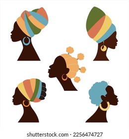 Set of beautiful African woman silhouette in traditional multicoloured  turban and exotic hairstyles. Black afro women vector isolated on white. African Logo