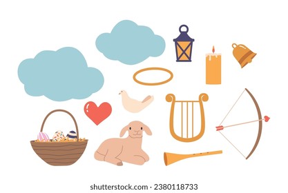 Set Of Beautiful Angelic Items Includes Clouds, Harp, Basket with Easter Eggs, Lantern, Candle, Bell, Bow with Arrow