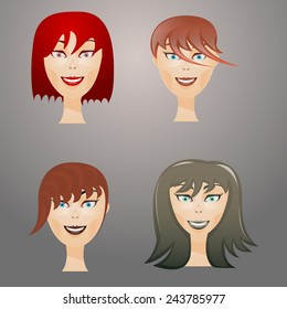 set of beautiful animation women face with hairstyle