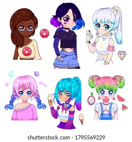 A set beautiful anime girls illustrations in various clothes   hairstyles doing different activities and ice cream  watermelon  diamond  donut  Stickers badges