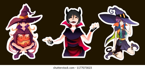 
Set Of Beautiful Anime Witches For Halloween.Witch Stickers On Black Background.