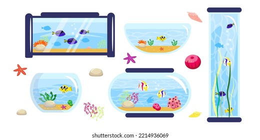 Set of beautiful aquariums with fish in cartoon style. Vector illustration of aquariums for home, restaurant and office interiors with tropical fish, rocks, algae, reefs, shells on white background.