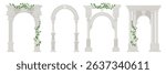 Set of beautiful arches with columns in cartoon style. Vector illustration architectural arches with Greek columns, patterns, green twisted ivy isolated on white background. Old antique columns.
