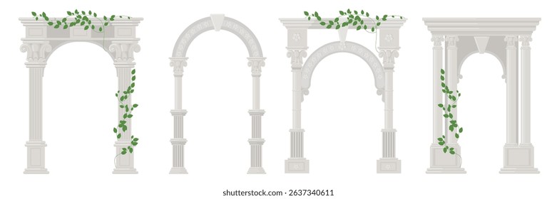 Set of beautiful arches with columns in cartoon style. Vector illustration architectural arches with Greek columns, patterns, green twisted ivy isolated on white background. Old antique columns.