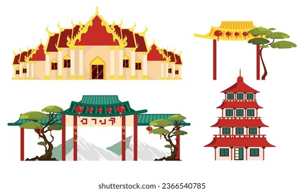 Set of beautiful Asian buildings in cartoon style. Vector illustration of different buildings: Buddhist temple in Thailand, Chinese arch, gate, pagoda isolated on white background. Religious building