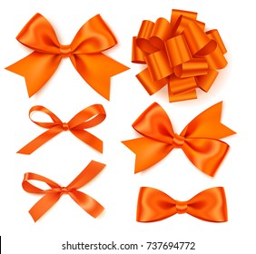 Set of beautiful autumn bow for page decoration or gift pack. Vector illustration. Orange bow isolated on white for your design