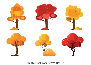 Set of beautiful autumn trees in cartoon style. Vector illustration of yellow, red different types of autumn trees and bushes with leaves isolated on a white background.