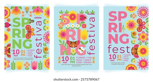 Set of beautiful backgrounds with decorative flowers and insects. Bright creative floral poster for spring festival with bugs and butterflies. Flyer, invitation