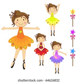 set of beautiful ballerina characters standing and  dancing with different pose with stars