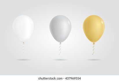 Set of beautiful balloons (white, gold, silver) and ribbons for birthdays, celebrations and parties. Isolated from the background.