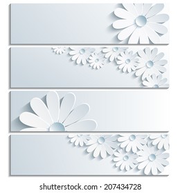 Set of beautiful banner grey with 3d flower chamomile isolated on white background. Creative trendy gray wallpaper. Vector illustration