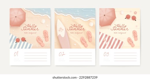 Set of beautiful banner, poster or greeting card design template with realistic summer elements on a beach background. Vector illustration