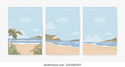 Conjunto de hermosas pancartas, carteles o plantillas de diseño de tarjetas de felicitación con playa de verano arenosa. Conjunto de paisaje natural de fondo. Ilustración del vector