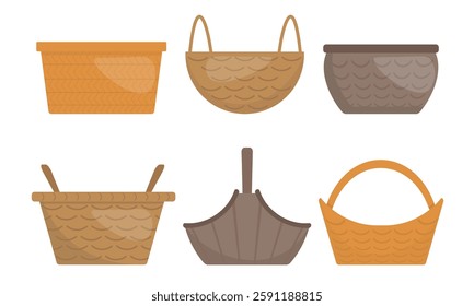Set of beautiful baskets in cartoon style. Vector illustration of wicker baskets with handles, different shapes and sizes isolated on white background. Baskets for household, storage, laundry.