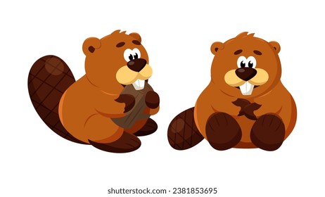 Conjunto de bellos castores al estilo de las caricaturas. Ilustración vectorial de personajes de roedores de castores lindos con diferentes emociones y poses: árbol rojizo, sentado aislado en un fondo blanco.