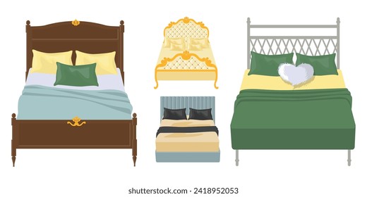 Set of beautiful beds in cartoon style. Vector illustration of elegant double beds with soft colored pillows, bedspreads isolated on white background. A place for sleep and rest.