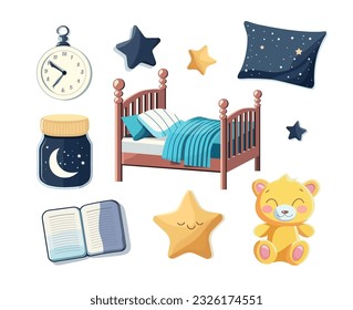 Una bonita colección de dibujos animados. Ilustración vectorial de elementos durmientes: cama de bebé, estrellas, almohada, juguete de oso de peluche, lata con luna creciente y estrellas, reloj.