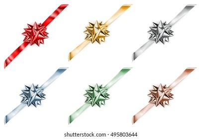 Set of beautiful big shiny bows with diagonally ribbons with shadows